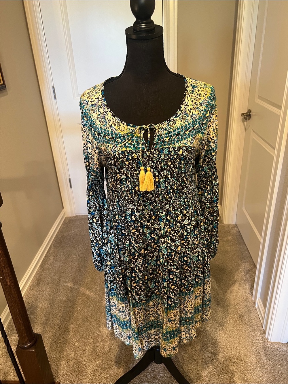 ONE WORLD Teal and Yellow Floral Boho Midi Dress